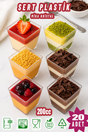 20li 200Cc Kübik Prizma Mika Magnolya Kase Plastik Tatlı Sunum Kabı Dondurma Puding Meze Salata Cup