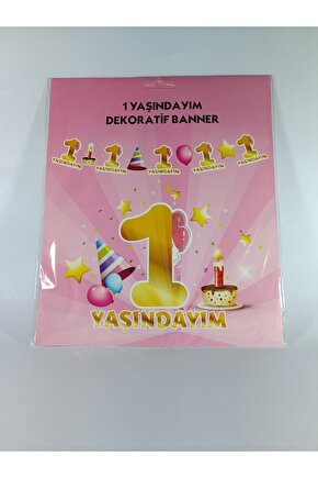 1 Yaşındayım Temalı Kız Çocuk Pembe Doğum Günü Kutlama Dekoratif Banner