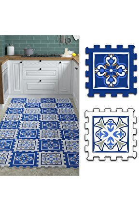 Dekoratif Mavi Beyaz Desenli Mutfak Halısı Thm35 | Yapboz Halı | Puzzle Halı