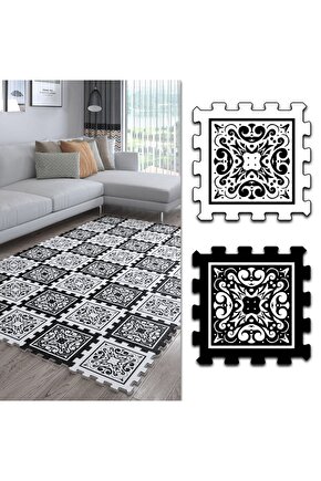 Siyah Beyaz Puzzle Halı Desenli Şık Salon Halısı Ths44 | Yapboz Halı | Puzzle Halı