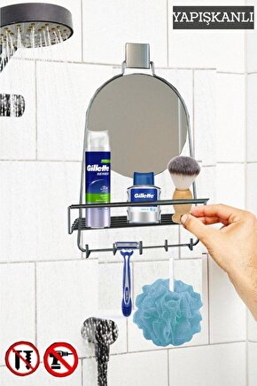 Dekoratif Yapıştırmalı Aynalı Banyo Askısı, Duşakabin Raflı Krom- Pratik Vidasız Montaj Dc 5596
