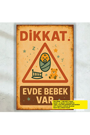 dikkat evde bebek var kapı zil uyarı levhası doğum hediyesi retro ahşap poster tablo