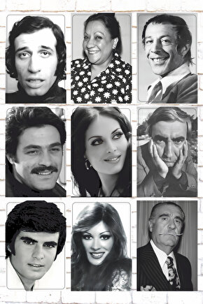 YEŞİLÇAM TÜRK SİNEMASI OYUNCULARI SİYAH BEYAZ 9 PARÇA KARIŞIK AHŞAP TABLO POSTER SETİ