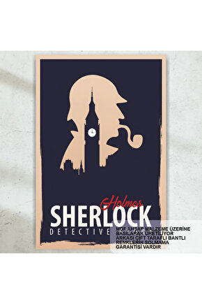 sherlock holmes polisiye dedektif roman kahramanı londra saat kulesi retro ahşap poster tablo