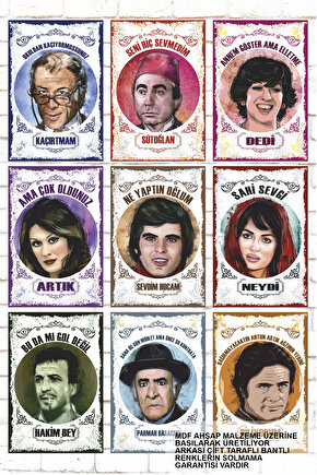 9 Parça Karışık Yazılı Ahşap Tablo Seti yeşilçam türk sineması ünlü oyuncuları portreleri