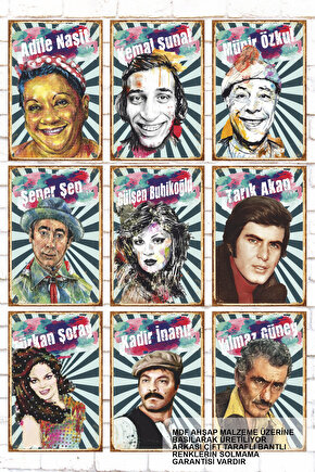 9 Parça Karışık Yazılı Ahşap Tablo Seti yeşilçam türk sineması portreler retro ahşap poster seti
