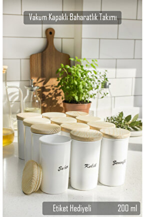 12li 200 ml Vakumlu Ahşap Kapaklı Porselen Görünümlü Akrilik Baharatlık Etiket Hediyeli