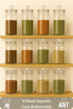 12 Adet Kulplu Ve Vakum Kapaklı Cam Baharatlık Seti