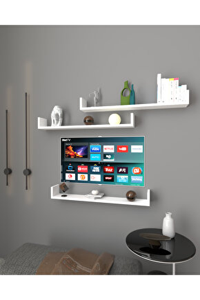Üçlü Uçan Raf - Tv Rafı - Duvar Rafı - Kitaplık Rafı - Beyaz