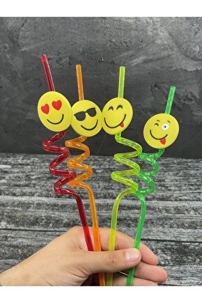 4 Lü Renkli Plastik Şirin Emoji Figürlü Pipet