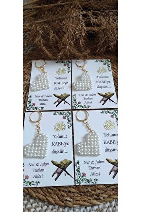 Kabe Hac Umre Hediyelik Incili Kalp Anahtarlık 8 Adet