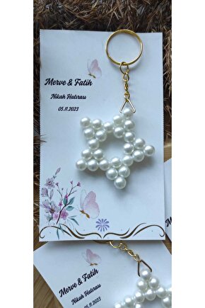 İncili Yıldız Hediyelik Anahtarlık 10 Adet-özel Tasarım Kart-söz-nişan-nikah-kına-mevlüt-baby Shower