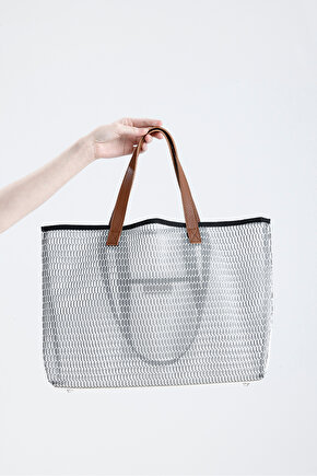 Kadın Beyaz Petek Desenli Şeffaf Büyük Boy Plaj Ve Alışveriş Shopper Tote Omuz Çantası