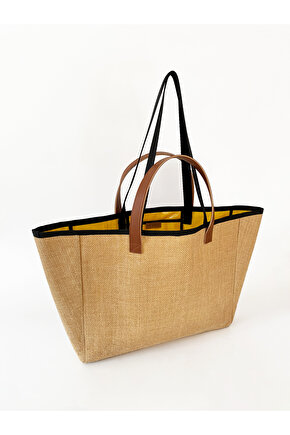 Kadın Sarı Su Geçirmez Astarlı Jüt Hasır Büyük Boy Plaj Ve Alışveriş Shopper Tote Omuz Çantası