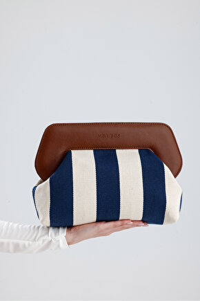 Heybes Kadın Lacivert Çizgi Desenli Kanvas Clutch El Çantası