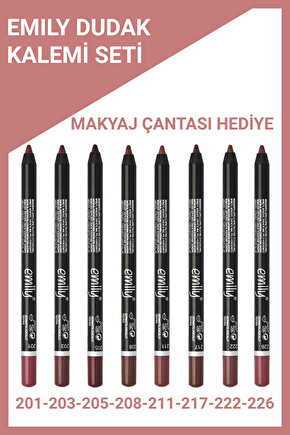 Emily Dudak Kalemi 8li Set No: 201-203-205-208-211-217-222-226 + Makyaj Çantası Hediye