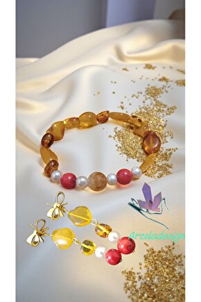 Doğal Taş Damla Kehribar Inci Mercan Bileklik Küpe Set