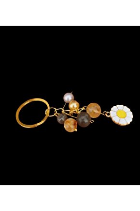 Doğal Taş Anahtarlik Bolluk Berekt ve Koruma Anahtarlığı Sitrin Pirit ve İnci