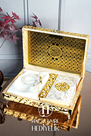 Süslemeli Hediyelik Kadife Kaplı Kutulu Kuranı Kerim | Ahşap Kutu, Kadife Kuran, Şal ve İnci Tesbih