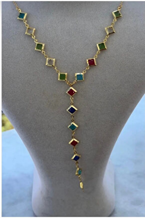 Kadın Gold Renk Zirkon Taşlı Renkli Y Model Kolye