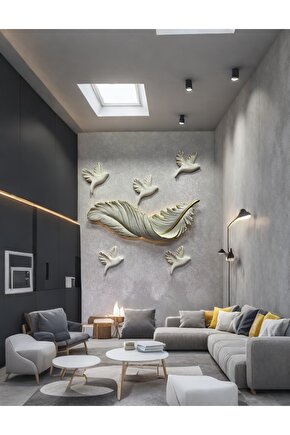 Beyaz Zemin Üstüne Altın Damarlı Tüy Ve Kuşlu Büyük Aplik 83cm x 30cm, kuş 19cm x 23cm