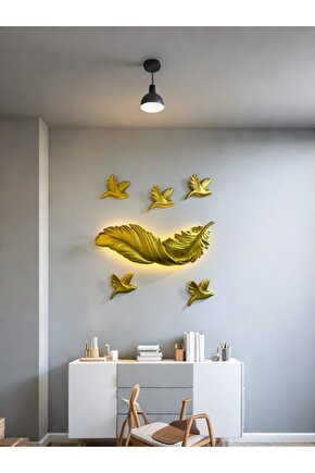 Altın Tüy Ve Kuş Detaylı Büyük Aplik Süsü-83cm x 30cm, kuş 19cm x 23cm