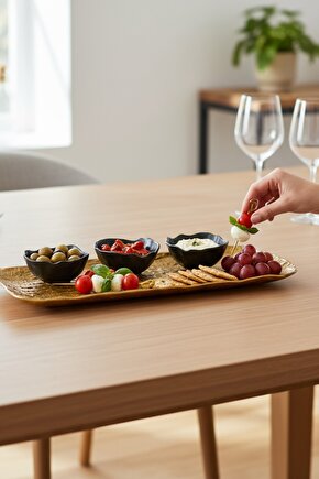 Wood Savana 41cm Porselen Kayık Sunum Tabağı  Porselen Sosluk Kase Siyah 9cm