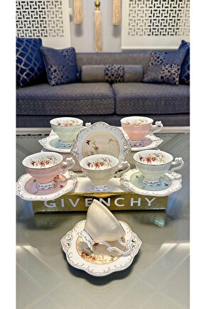 KOSOVA Ayaklı Renkli Güllü Kahve Fincan Takımı