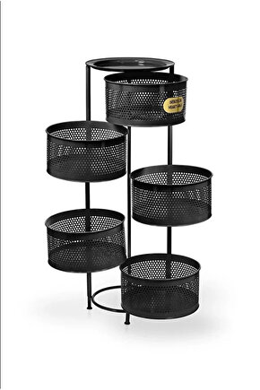 Kule Sebzelik 5 Katlı Tepsili Açılır Metal Patates Soğan Meyvelik Sepetli Rafı Siyah