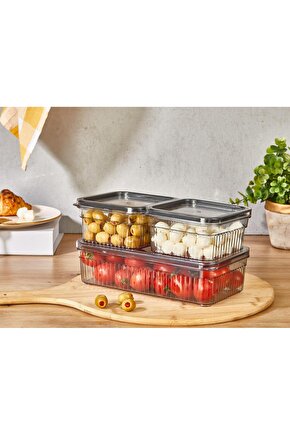 3lü Saklama Kabı Seti - Buzdolabı Düzenleyici& Piknik Taşıma Kabı Seti (1,80lt x1 - 0,85lt x2)