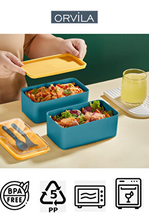 Mega Boy 2 Katlı Yemek Saklama Kabı 2 Litre - Kendinden Çatal Kaşık Servisli Lunch Box Set