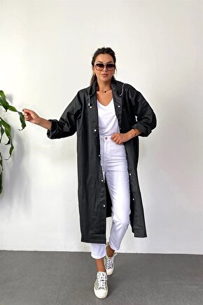 Eva Su Geçirmez Kaliteli Uzun Yağmurluk Unisex - Kadın Erkek Kapüşonlu Çıtçıtlı Standart Beden