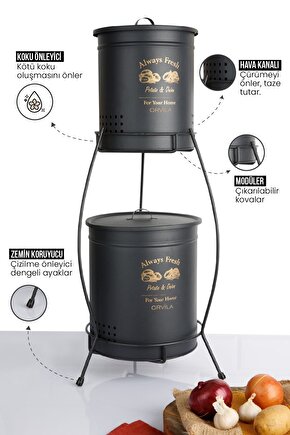 2 Katlı Metal Patates Soğanlık Kovası Çeyizlik Sebzelik Saklama Kabı - Siyah