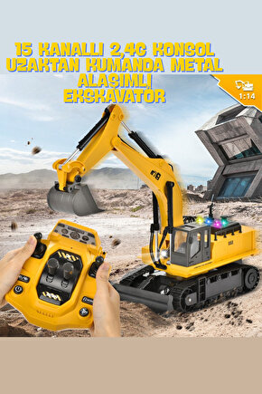 Oyuncak Sesli Işıklı Şarjlı 2.4Ghz Uzaktan Kumandalı 360° Dönen Metal Alaşım Ekskavatör İş Makinası
