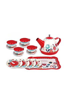 Oyuncak Evcilik Oyunu Aktivite 15 Parça Çiçekli Renkli Metal Çay Seti