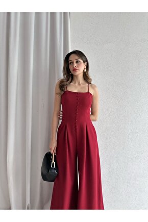 Kadın Askılı Kare Yaka Düğme Detaylı Tulum