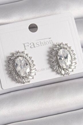 Pirinç Gümüş Renk Zirkon Taşlı Kadın Küpe