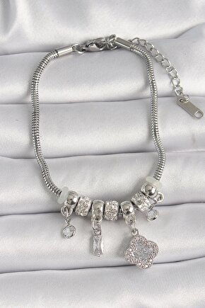 Pirinç Gümüş Renk Zincir Sallantı Zirkon Taşlı Yonca Figür Kadın Bileklik