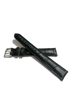 Hertürlü &Saate uygun Siyah  Dikişli  croko  Hakiki Dana derisi  18 mm  Uzun  Kayış (201)