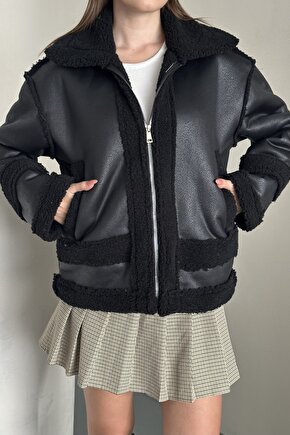 Kadın Kürklü Deri Mont - Oversize Suni Deri Kaban - Shearling İçi Peluş Ceket (Kahverengi  Siyah)