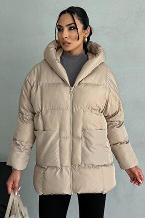 Puffer Yarasa Şişme Bej Oversize Kadın Mont