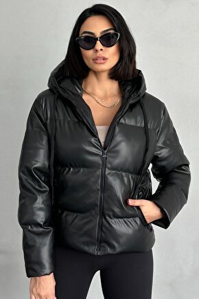 Kadın Siyah Deri Kapüşonlu Şişme Mont - Oversize