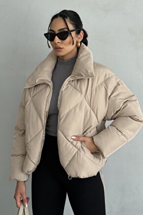 Kadın Bej Oversize Şişme Mont - Baklava Desenli