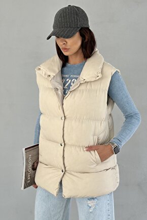 Kadın Filotalı Cep Çıtçıtlı Yakalı Uzun Şişme Yelek