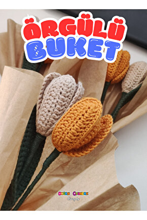 2li Örgülü Buket - Örgülü Çiçek - Amigurumi Çiçek Buket - Özel Desen Bir Demet Buket - Desen Çiçek