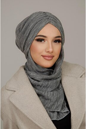 Gri Desen Kelebek Model Büzgülü Bone Şal