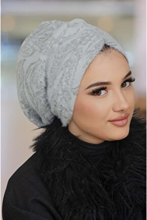 Beyaz Gri Kışlık Büzgülü Bone