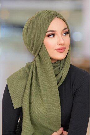 Haki Triko Kelebek Model Büzgülü Bone Şal