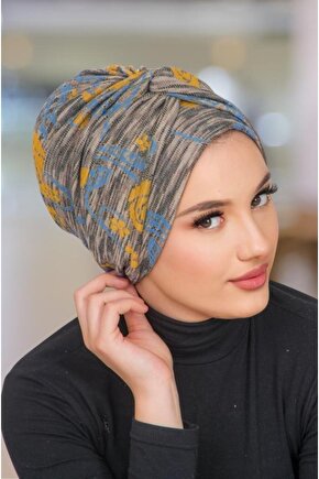 Gri Hardal Desen Burgu Detaylı Bone