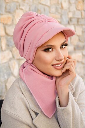 Pudra Kışlık Büzgülü Tesettür Şapka Ve Etol Takım